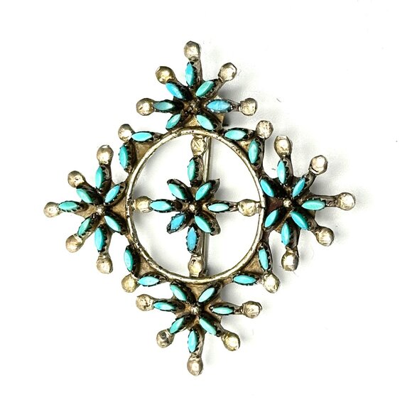 Vintage Signed Zuni Petit Point Pin-Pendant — Sleeping Beauty Turquoise & Silver - Picture 1 of 10
